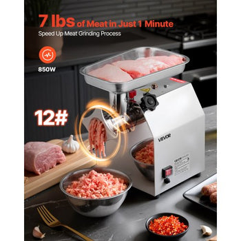 Commercial Electric Meat Grinder, 7 lbs/min Capacity, #12 Industrial Meat Mincer with 2 Stainless Steel Blades, 2 Grinding Plates, 850W Heavy-Duty Sausage Maker Stuffer, for Kitchen, Restaurant