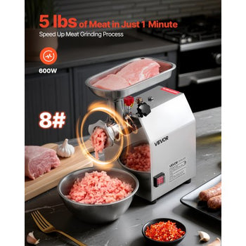 Commercial Electric Meat Grinder, 5 lbs/min Capacity, #8 Industrial Meat Mincer with 2 Stainless Steel Blades, 2 Grinding Plates, 600W Heavy-Duty Sausage Maker Stuffer, for Kitchen, Restaurant