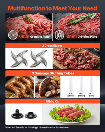 Commercial Meat Grinder, 9.2 Lbs/Min Capacity, #12 Electric Meat Mincer with 2 Plates, 3 Sausage Stuffing Tubes & Kibbe Kit, 750W/1HP Sausage Maker for Home Kitchens & Restaurants, ETL Listed
