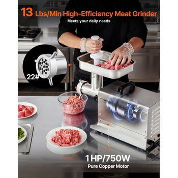 Meat Grinder, 13 Lbs/Min Capacity Electric Meat Grinders with Blade, Grinding Plate, Sausage Maker, Stainless Steel Commercial Meat Mincer for Kitchen Restaurant Butcher Store