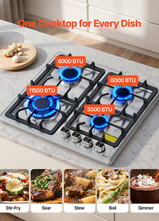 24 inch Gas Cooktop 4 Burners Gas Stove Top, Max 27000BTU Built-in Stainless Steel Stove Top LPG/NG Convertible Dual Fuel Cooktop Stoves with Thermocouple Protection for Kitchen Apartment Rvs