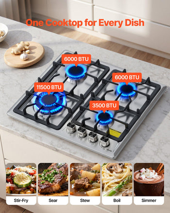 24 inch Gas Cooktop 4 Burners Gas Stove Top, Max 27000BTU Built-in Stainless Steel Stove Top LPG/NG Convertible Dual Fuel Cooktop Stoves with Thermocouple Protection for Kitchen Apartment Rvs