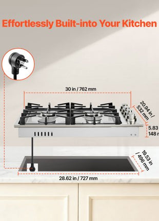 Gas Cooktop, 30 inch 4 Burners Gas Stove Top, Max 48000BTU Built-in Stainless Steel Stove Top LPG/NG Convertible Dual Fuel Cooktop Stoves with Sealed Burner for Sear, Stew, Boil, Stir-Fry