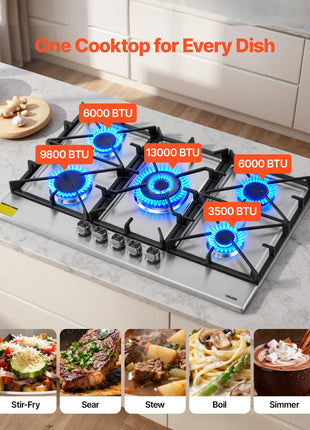 36 inch Gas Cooktop 5 Burners Gas Stove Top, Max 38300BTU Built-in Stainless Steel Stove Top LPG/NG Convertible Dual Fuel Cooktop Stoves with SABAF Dual-Ring Burner for Kitchen Apartment Rvs