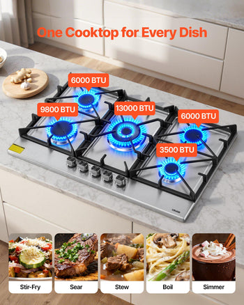36 inch Gas Cooktop 5 Burners Gas Stove Top, Max 38300BTU Built-in Stainless Steel Stove Top LPG/NG Convertible Dual Fuel Cooktop Stoves with SABAF Dual-Ring Burner for Kitchen Apartment Rvs