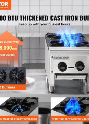 Commercial Gas Stove with 2 Burners, Propane and Natural Gas Countertop Cooking Stove Range, Stainless Steel Gas Hot Plate, Commercial Cooking Equipment for Restaurant, 56,000 BTU