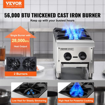 Commercial Gas Stove with 2 Burners, Propane and Natural Gas Countertop Cooking Stove Range, Stainless Steel Gas Hot Plate, Commercial Cooking Equipment for Restaurant, 56,000 BTU