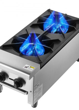 Commercial Gas Stove with 2 Burners, Propane and Natural Gas Countertop Cooking Stove Range, Stainless Steel Gas Hot Plate, Commercial Cooking Equipment for Restaurant, 56,000 BTU