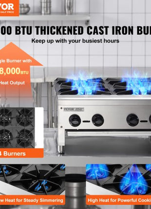 Commercial Gas Stove with 4 Burners, Propane and Natural Gas Countertop Cooking Stove Range, Stainless Steel Gas Hot Plate, Commercial Cooking Equipment for Restaurant, 112,000 BTU