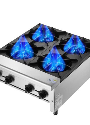 Commercial Gas Stove with 4 Burners, Propane and Natural Gas Countertop Cooking Stove Range, Stainless Steel Gas Hot Plate, Commercial Cooking Equipment for Restaurant, 112,000 BTU