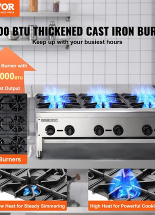 Commercial Gas Stove with 6 Burners, Propane and Natural Gas Countertop Cooking Stove Range, Stainless Steel Gas Hot Plate, Commercial Cooking Equipment for Restaurant, 168,000 BTU