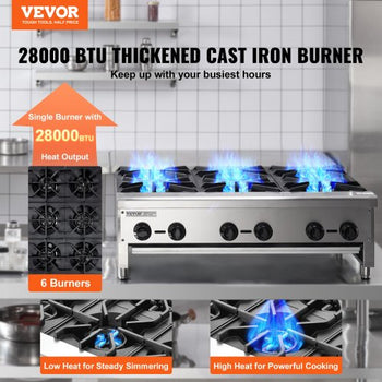 Commercial Gas Stove with 6 Burners, Propane and Natural Gas Countertop Cooking Stove Range, Stainless Steel Gas Hot Plate, Commercial Cooking Equipment for Restaurant, 168,000 BTU