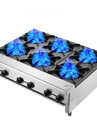 Commercial Gas Stove with 6 Burners, Propane and Natural Gas Countertop Cooking Stove Range, Stainless Steel Gas Hot Plate, Commercial Cooking Equipment for Restaurant, 168,000 BTU