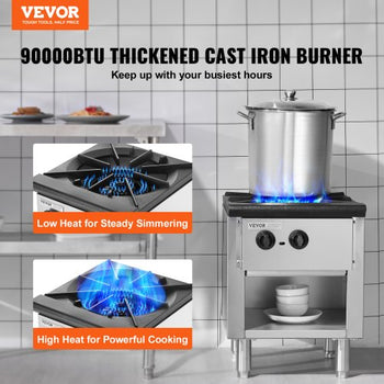 Commercial Gas Stove with Cabinet, Propane and Natural Gas Countertop Cooking Stove Range, Stainless Steel Gas Hot Plate, Commercial Cooking Equipment for Restaurant, 90,000 BTU