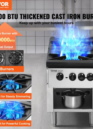 Commercial Gas Stove with 2 Burners, Propane and Natural Gas Countertop Cooking Stove Range, Stainless Steel Gas Hot Plate, Commercial Cooking Equipment for Restaurant, 180,000 BTU