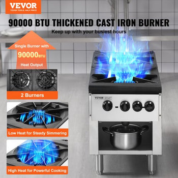 Commercial Gas Stove with 2 Burners, Propane and Natural Gas Countertop Cooking Stove Range, Stainless Steel Gas Hot Plate, Commercial Cooking Equipment for Restaurant, 180,000 BTU