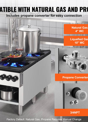 Commercial Gas Stove with 2 Burners, Propane and Natural Gas Countertop Cooking Stove Range, Stainless Steel Gas Hot Plate, Commercial Cooking Equipment for Restaurant, 180,000 BTU