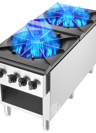 Commercial Gas Stove with 2 Burners, Propane and Natural Gas Countertop Cooking Stove Range, Stainless Steel Gas Hot Plate, Commercial Cooking Equipment for Restaurant, 180,000 BTU