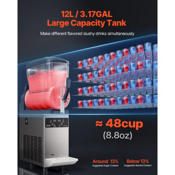 Commercial Slushy Machine, 12L Single Tank Frozen Drink Machine, 48 Cups Stainless Steel Margarita Smoothie Frozen Drink Maker, Slushie Maker for Home Party Restaurants Cafe Bars