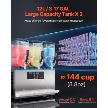 Commercial Slushy Machine, 12Lx3 Triple Tank Frozen Drink Machine, 144 Cups Stainless Steel Margarita Smoothie Frozen Drink Maker, Slushie Maker for Home Party Restaurants Cafe Bars