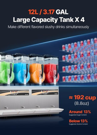 Slushie Machine, 12L/3.17Gal x 4 Tank Commercial Slushy Maker, Frozen Drink Maker with Self-Cleaning, Margarita Machine for Restaurants Bars Party for Slushie, Margaritas, Milkshake & More