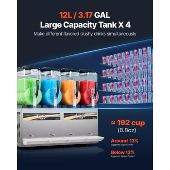 Slushie Machine, 12L/3.17Gal x 4 Tank Commercial Slushy Maker, Frozen Drink Maker with Self-Cleaning, Margarita Machine for Restaurants Bars Party for Slushie, Margaritas, Milkshake & More