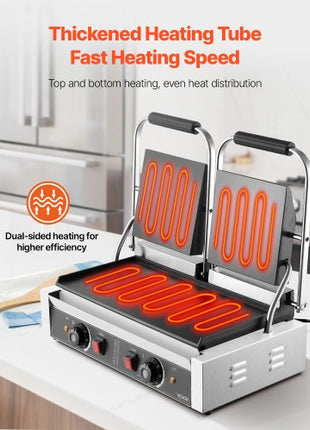 Commercial Panini Grill, 3600W Electric Sandwich Panini Maker, Stainless Steel Double Sandwichs Press with Handle and Temp Control, 19x9 in Full Flat Enamel Plate, for Hamburger Steak Bacon