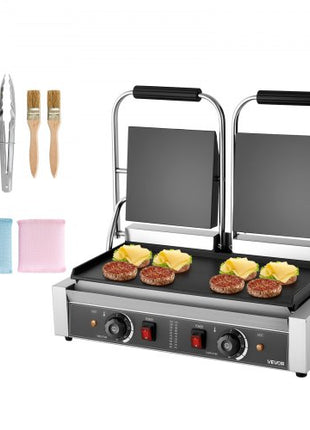 Commercial Panini Grill, 3600W Electric Sandwich Panini Maker, Stainless Steel Double Sandwichs Press with Handle and Temp Control, 19x9 in Full Flat Enamel Plate, for Hamburger Steak Bacon