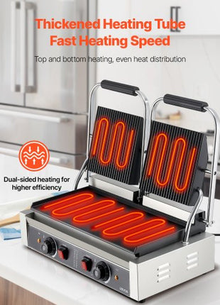 Commercial Panini Grill, 3600W Electric Sandwich Panini Maker, Stainless Steel Double Sandwichs Press Grill with Handle and Temp Control, 19x9 in Flat Enamel Plate for Hamburger Steak Bacon