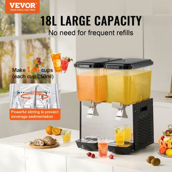 Commercial Beverage Dispenser, 2 Tanks 18 L / 19 QT Per Tank Juice Dispenser, 370W Stainless Steel Ice Tea Drink Machine with 45°F-54°F Cooling Temperature, for Cold Drink Restaurant Bar Party
