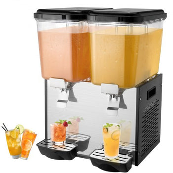 Commercial Beverage Dispenser, 2 Tanks 18 L / 19 QT Per Tank Juice Dispenser, 370W Stainless Steel Ice Tea Drink Machine with 45°F-54°F Cooling Temperature, for Cold Drink Restaurant Bar Party
