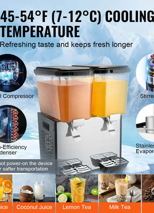 Commercial Beverage Dispenser, 2 Tanks 18 L / 19 QT Per Tank Juice Dispenser, 370W Stainless Steel Ice Tea Drink Machine with 45°F-54°F Cooling Temperature, for Cold Drink Restaurant Bar Party