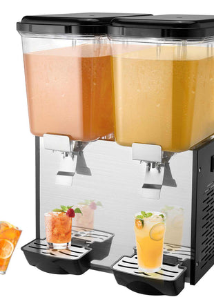 Commercial Beverage Dispenser, 2 Tanks 18 L / 19 QT Per Tank Juice Dispenser, 370W Stainless Steel Ice Tea Drink Machine with 45°F-54°F Cooling Temperature, for Cold Drink Restaurant Bar Party