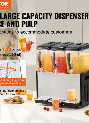 Commercial Beverage Dispenser, 3 Tanks 12 L / 12.7 QT Per Tank Juice Dispenser, 370W Stainless Steel Ice Tea Drink Machine with 45°F-54°F Cooling Temperature, for Cold Drink Restaurant Bar Party