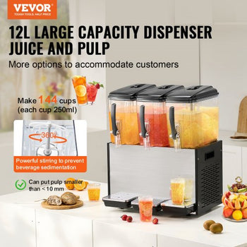 Commercial Beverage Dispenser, 3 Tanks 12 L / 12.7 QT Per Tank Juice Dispenser, 370W Stainless Steel Ice Tea Drink Machine with 45°F-54°F Cooling Temperature, for Cold Drink Restaurant Bar Party