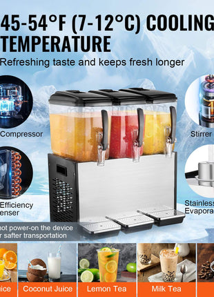 Commercial Beverage Dispenser, 3 Tanks 12 L / 12.7 QT Per Tank Juice Dispenser, 370W Stainless Steel Ice Tea Drink Machine with 45°F-54°F Cooling Temperature, for Cold Drink Restaurant Bar Party