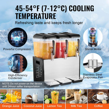 Commercial Beverage Dispenser, 3 Tanks 12 L / 12.7 QT Per Tank Juice Dispenser, 370W Stainless Steel Ice Tea Drink Machine with 45°F-54°F Cooling Temperature, for Cold Drink Restaurant Bar Party