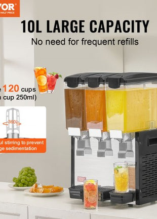Commercial Beverage Dispenser, 3 Tanks 10 L / 10.6 QT Per Tank Juice Dispenser, 440W Stainless Steel Ice Tea Drink Machine with 45°F-54°F Cooling Temperature, for Cold Drink Restaurant Bar Party