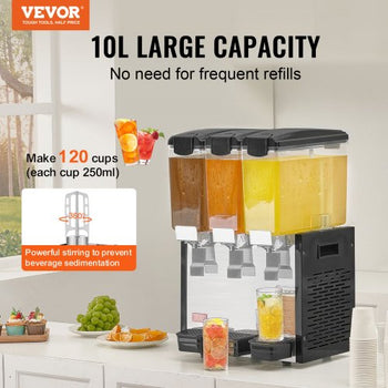 Commercial Beverage Dispenser, 3 Tanks 10 L / 10.6 QT Per Tank Juice Dispenser, 440W Stainless Steel Ice Tea Drink Machine with 45°F-54°F Cooling Temperature, for Cold Drink Restaurant Bar Party