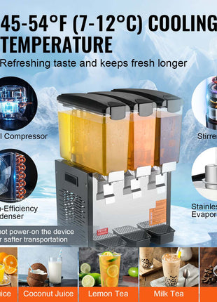 Commercial Beverage Dispenser, 3 Tanks 10 L / 10.6 QT Per Tank Juice Dispenser, 440W Stainless Steel Ice Tea Drink Machine with 45°F-54°F Cooling Temperature, for Cold Drink Restaurant Bar Party