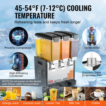 Commercial Beverage Dispenser, 3 Tanks 10 L / 10.6 QT Per Tank Juice Dispenser, 440W Stainless Steel Ice Tea Drink Machine with 45°F-54°F Cooling Temperature, for Cold Drink Restaurant Bar Party