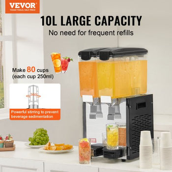 Commercial Beverage Dispenser, 2 Tanks 10 L / 10.6 QT Per Tank Juice Dispenser, 270W Stainless Steel Ice Tea Drink Machine with 45°F-54°F Cooling Temperature, for Cold Drink Restaurant Bar Party