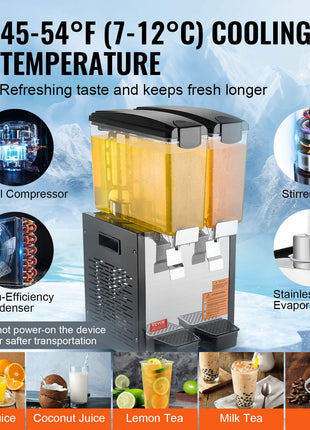 Commercial Beverage Dispenser, 2 Tanks 10 L / 10.6 QT Per Tank Juice Dispenser, 270W Stainless Steel Ice Tea Drink Machine with 45°F-54°F Cooling Temperature, for Cold Drink Restaurant Bar Party