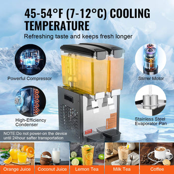 Commercial Beverage Dispenser, 2 Tanks 10 L / 10.6 QT Per Tank Juice Dispenser, 270W Stainless Steel Ice Tea Drink Machine with 45°F-54°F Cooling Temperature, for Cold Drink Restaurant Bar Party