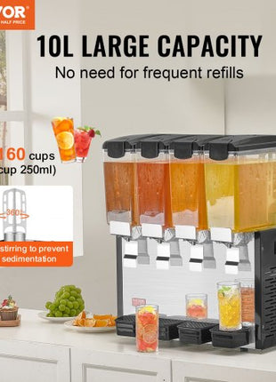 Commercial Beverage Dispenser, 4 Tanks 10 L / 10.6 QT Per Tank Juice Dispenser, 430W Stainless Steel Ice Tea Drink Machine with 45°F-54°F Cooling Temperature, for Cold Drink Restaurant Bar Party