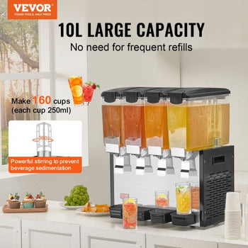 Commercial Beverage Dispenser, 4 Tanks 10 L / 10.6 QT Per Tank Juice Dispenser, 430W Stainless Steel Ice Tea Drink Machine with 45°F-54°F Cooling Temperature, for Cold Drink Restaurant Bar Party