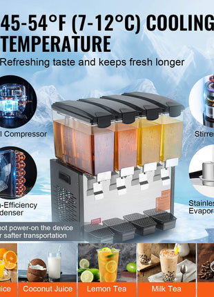 Commercial Beverage Dispenser, 4 Tanks 10 L / 10.6 QT Per Tank Juice Dispenser, 430W Stainless Steel Ice Tea Drink Machine with 45°F-54°F Cooling Temperature, for Cold Drink Restaurant Bar Party