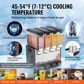 Commercial Beverage Dispenser, 4 Tanks 10 L / 10.6 QT Per Tank Juice Dispenser, 430W Stainless Steel Ice Tea Drink Machine with 45°F-54°F Cooling Temperature, for Cold Drink Restaurant Bar Party