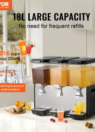 Commercial Beverage Dispenser, 3 Tanks 18 L / 19 QT Per Tank Juice Dispenser, 512W Stainless Steel Ice Tea Drink Machine with 45°F-54°F Cooling Temperature, for Cold Drink Restaurant Bar Party
