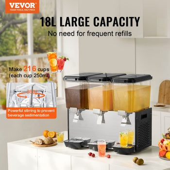 Commercial Beverage Dispenser, 3 Tanks 18 L / 19 QT Per Tank Juice Dispenser, 512W Stainless Steel Ice Tea Drink Machine with 45°F-54°F Cooling Temperature, for Cold Drink Restaurant Bar Party